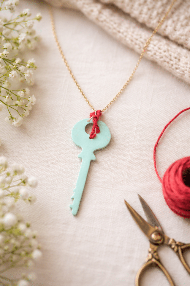 Vintage key necklace with red twine