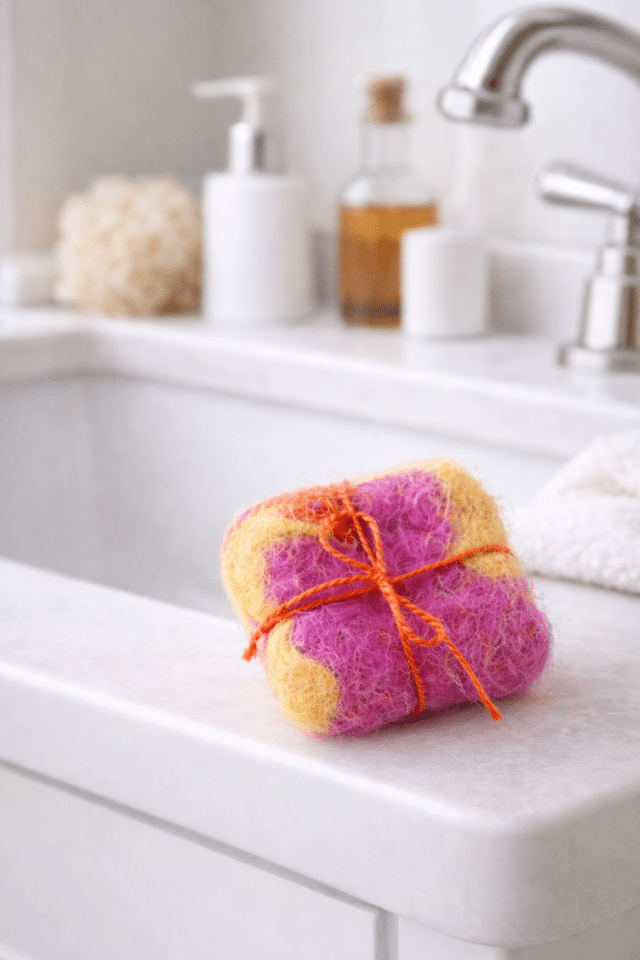 Colorful felted soap on bathroom sink for DIY felted soap