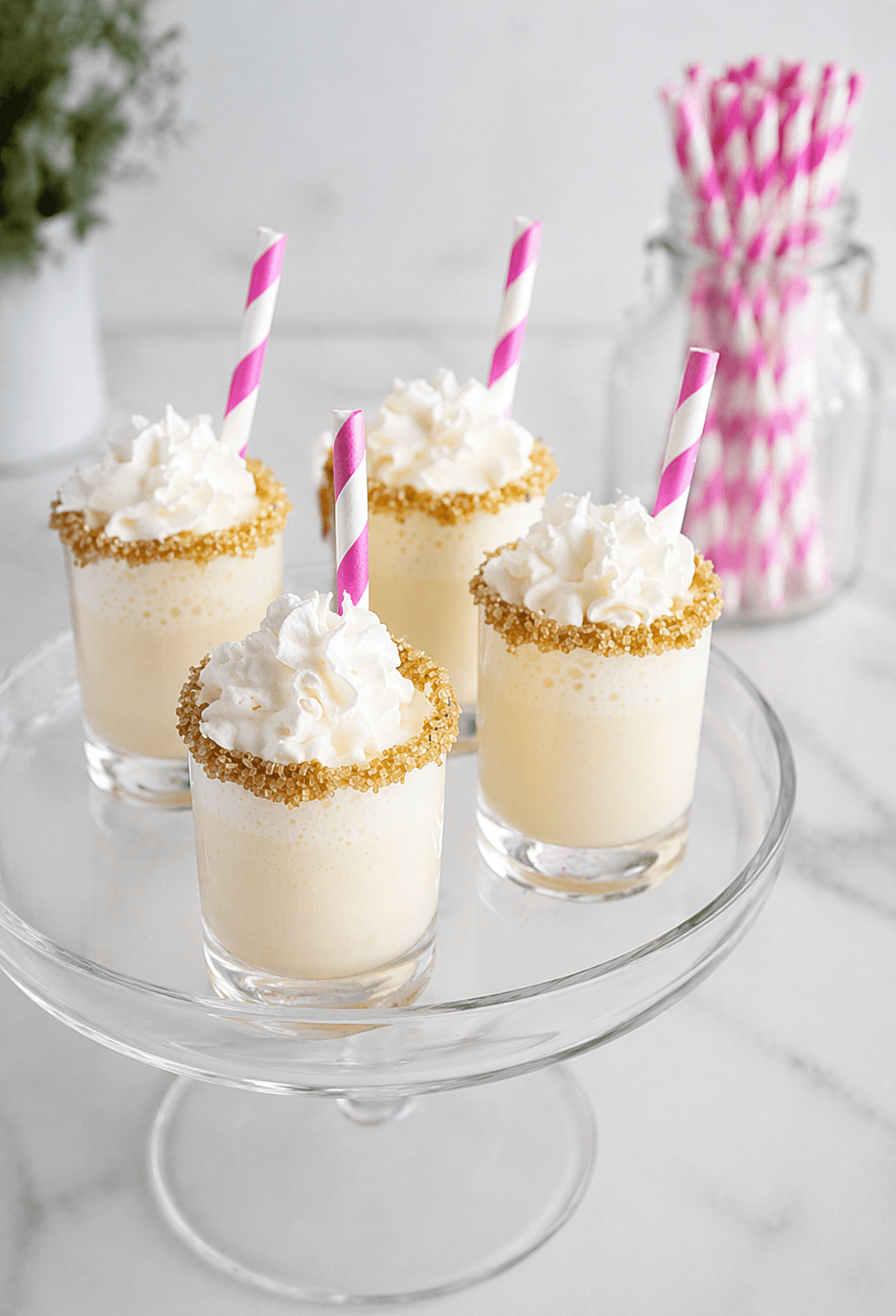 Mini milkshakes with whipped cream swirls for a salted caramel milkshake recipe