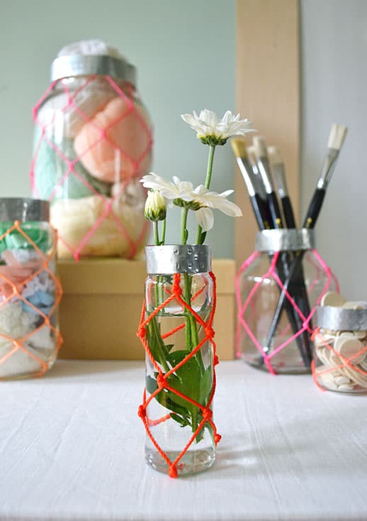 DIY neon macrame jars with cute macrame patterns 