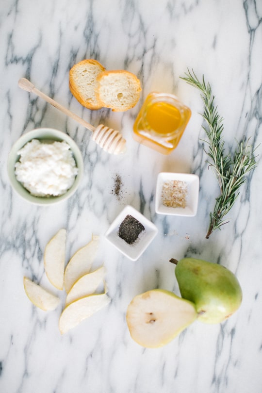 Ingredients needed for Honey Pear and Ricotta Crostini - Sugar & Cloth - Bites - Recipe - Entertaining - Houston Blogger