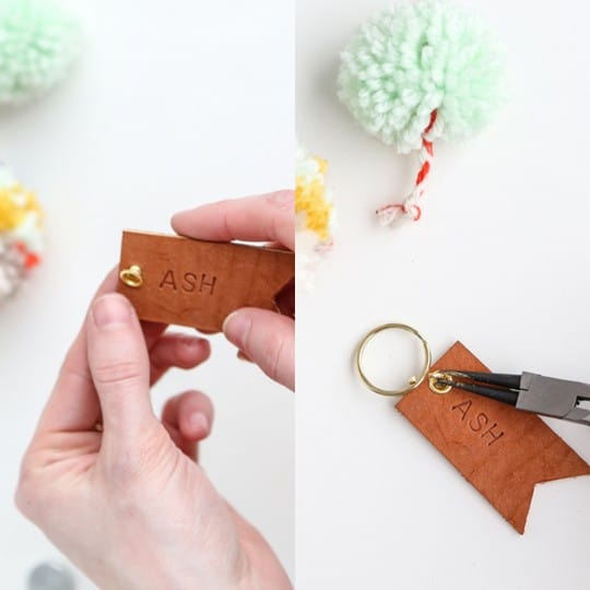 DIY pom pom and leather luggage tags