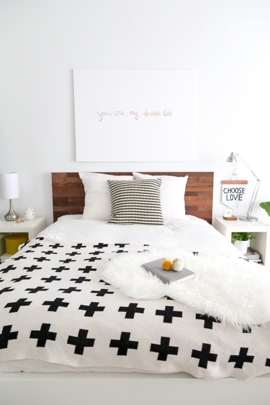 final reveal! Easy Ikea Hack DIY Wooden Headboard With Stikwood by top houston blogger Ashley Rose of Sugar and cloth