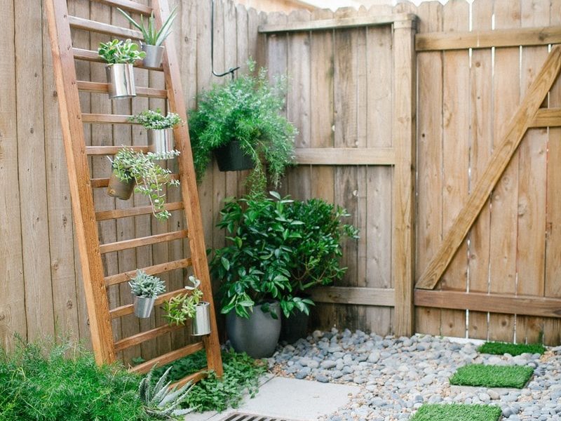 photo of a backyard with faux grass paver stones and vertical garden