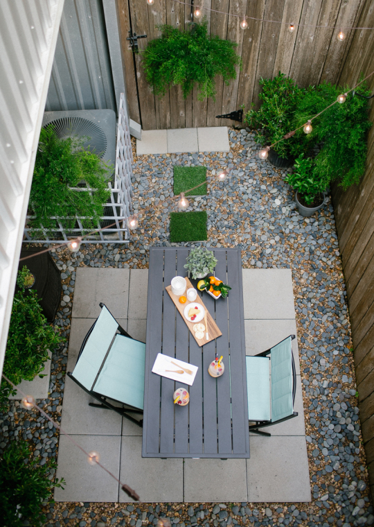 aerial photo of a bar table in a back yard