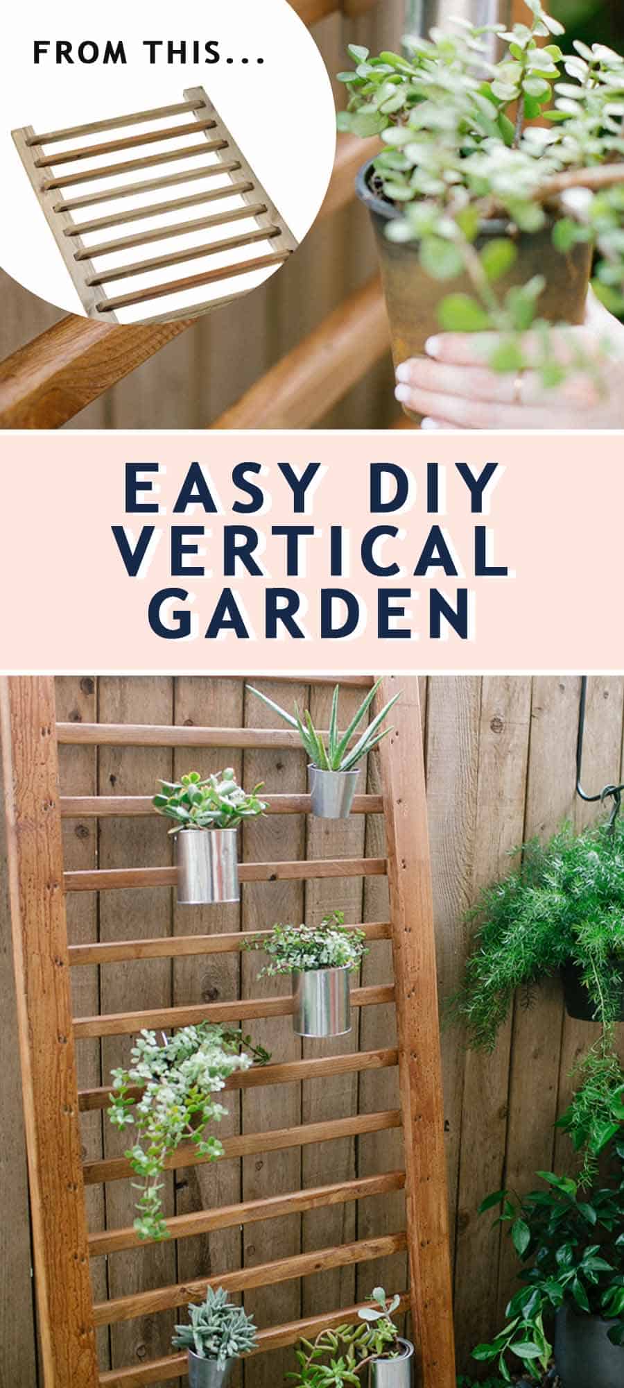 two photos together of a backyard area with a wooden handrail as a diy vertical garden