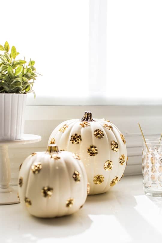 DIY Sequin Polka Dot Pumpkin by top Houston blogger Ashley Rose | sugarandcloth.com #halloween #festive #pumpkin #sequin #fall #thansksgiving #diy #diypumpkin #glam #glamhalloween #homedecor #diydecor #polkadot