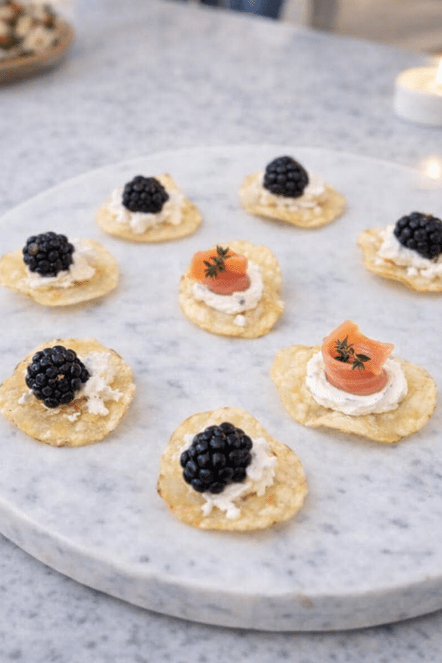 sweetened blackberry crisps and smoked salmon potato chip appetizer