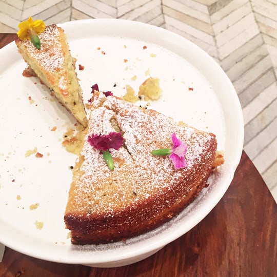 olive oil cake with edible flowers