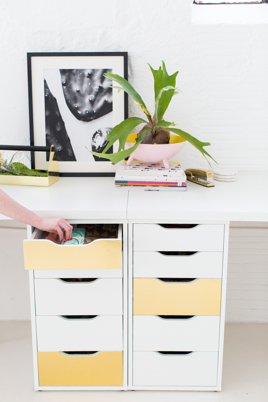 Ikea Desk Hack with DIY faux brass drawer fronts 