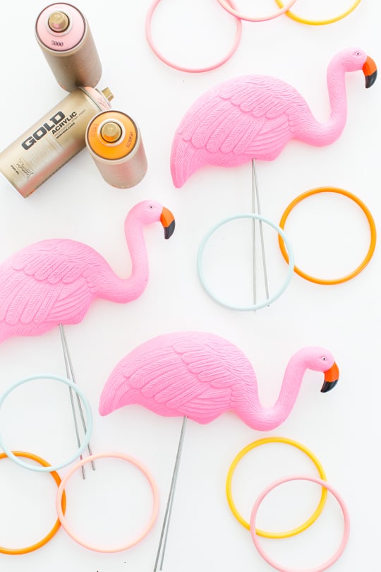 photo of the materials needed to mack the backyard game idea - DIY flamingo ring toss yard game by Ashley Rose of Sugar & Cloth, an award winning DIY and entertaining blog.