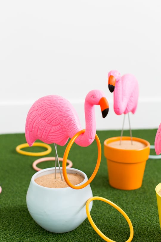 photo of the DIY flamingo ring toss yard game by Ashley Rose of Sugar & Cloth, an award winning DIY and entertaining blog.