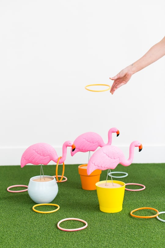 photo of the DIY flamingo ring toss yard game by Ashley Rose of Sugar & Cloth, an award winning DIY and entertaining blog.