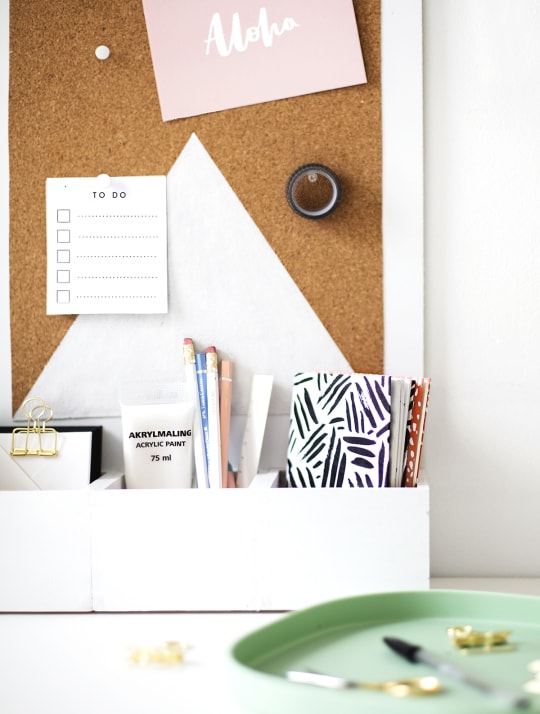 photo of cute desktop organizer with a geometric design cork board by top Houston lifestyle blogger Ashley Rose of Sugar & Cloth