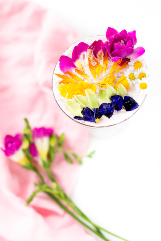 cocktail with flowers as garnish - edible flowers for cocktails
