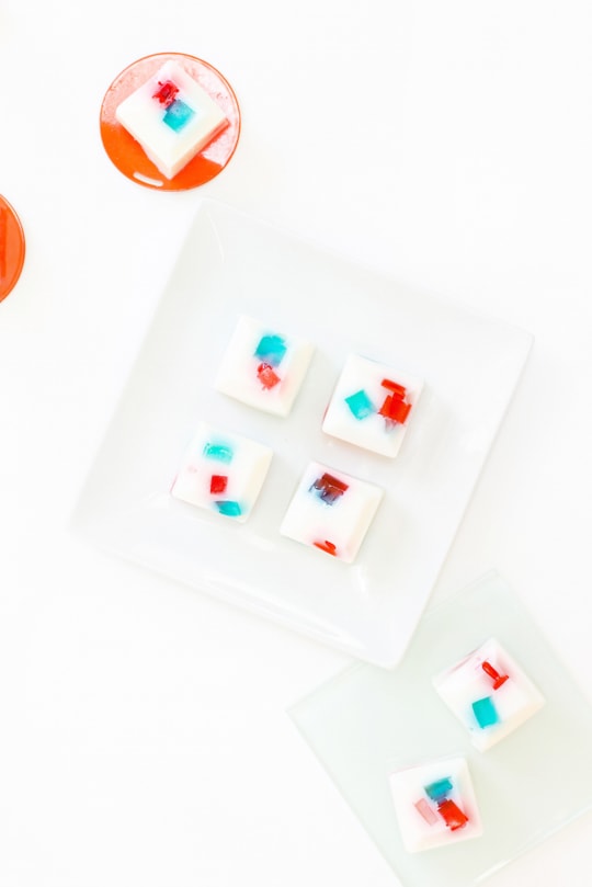 overhead photo of jello shots for the 4th of july on a plate