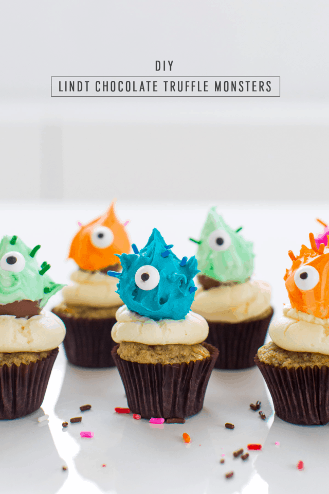 The cutest DIY truffle monster cupcake toppers you ever did see! - sugar and cloth - halloween - lindt chocolate