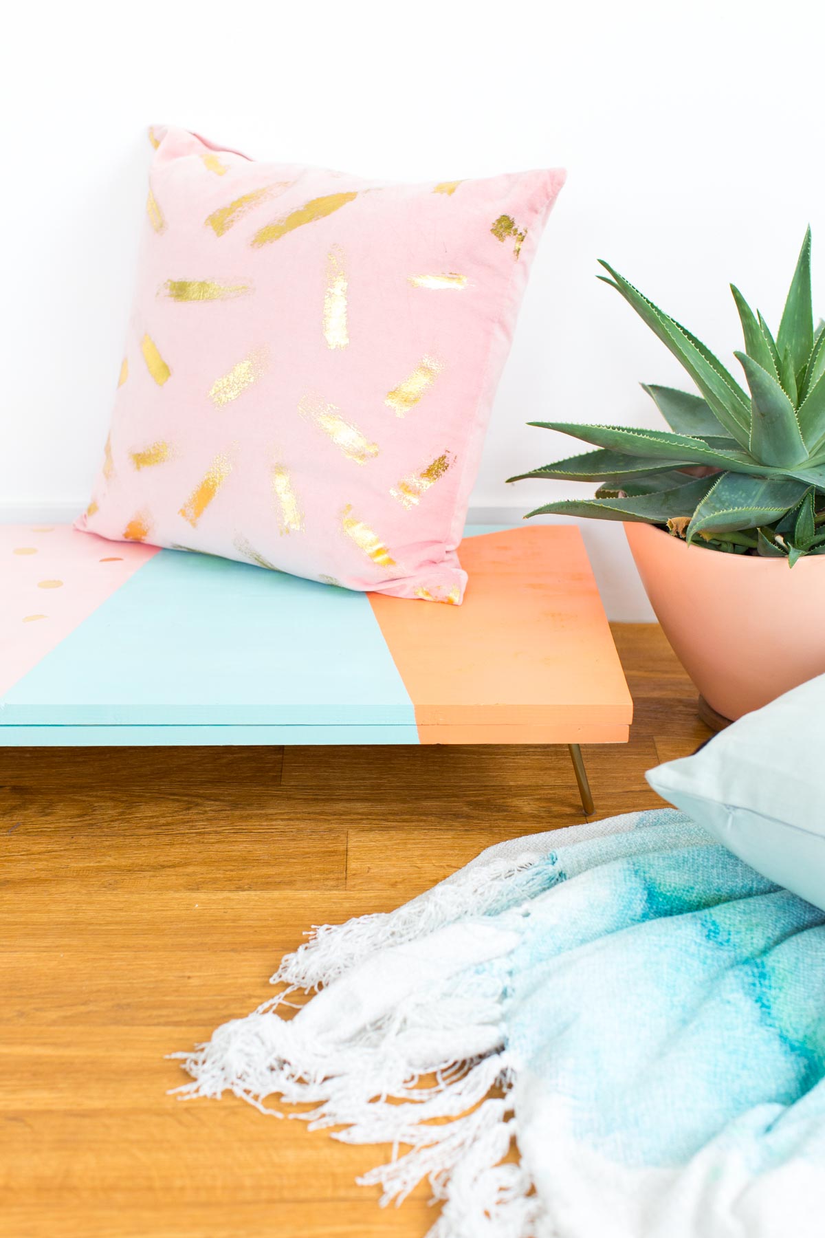 An Abstract DIY Modern Low Bench by Lifestyle and DIY blogger, Ashley Rose of Sugar & Cloth