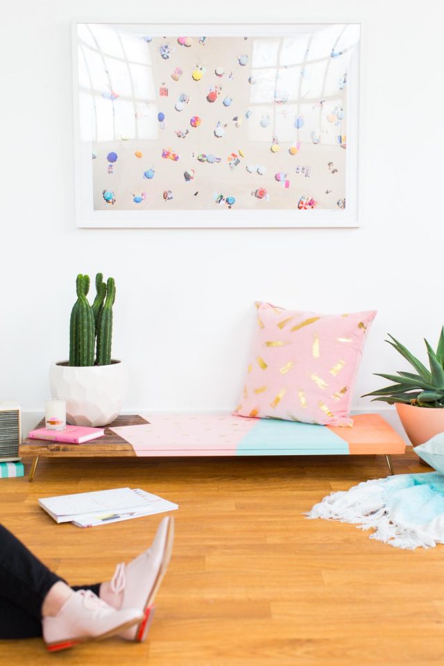 An Abstract DIY Modern Low Bench by Lifestyle and DIY blogger, Ashley Rose of Sugar & Cloth