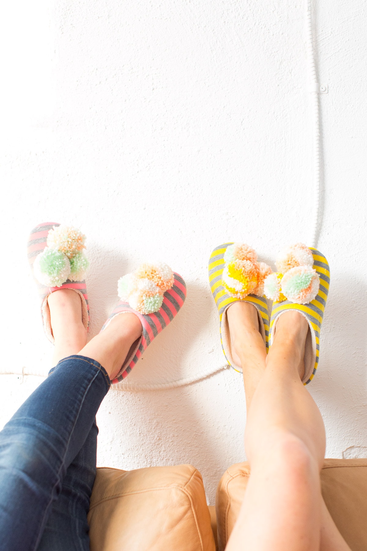 DIY pom pom slippers for Winter by lifestyle blogger and DIY blogger Ashley Rose of Sugar & Cloth