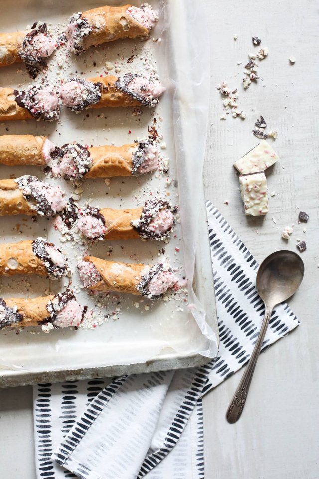 Peppermint Bark Cannoli recipe by Ashley Rose of Sugar and Cloth, and award winning DIY and lifestyle blog.