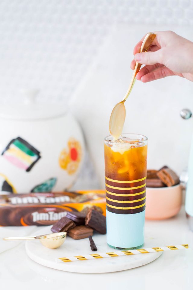 A Vanilla Bean Sparkling Iced Coffee Recipe with Tim Tam by top Houston lifestyle blogger, Ashley Rose of Sugar and Cloth