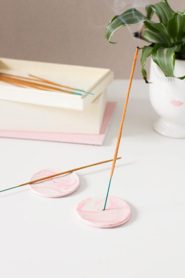 DIY Clay Rose-Marbled Incense Holders on a desk