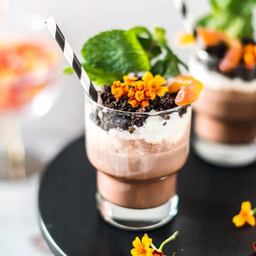 photo of edible flowers on a dirt dessert recipe with booze