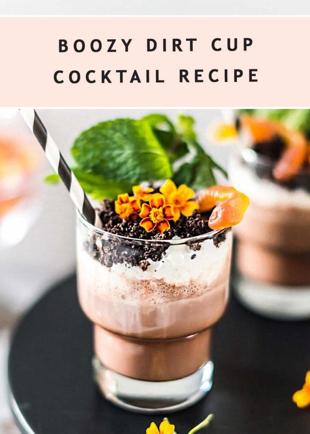 photo of edible flowers on a dirt dessert cup with booze and text header
