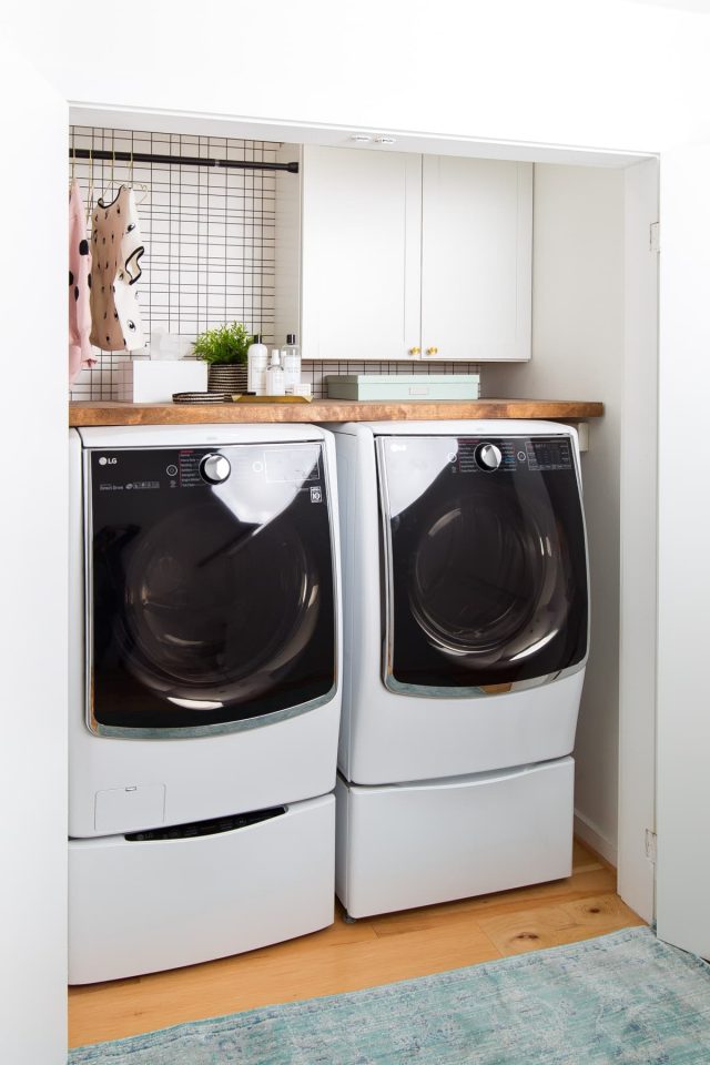 Big Reveal: Before & After of our Laundry Room Makeover + 2 Minute DIY Dryer Sheet Dispenser by top Houston lifestyle blogger Ashley Rose of Sugar & Cloth