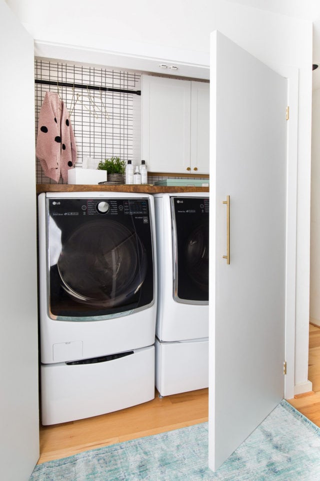 Big Reveal: Before & After of our Laundry Room Makeover + 2 Minute DIY Dryer Sheet Dispenser by top Houston lifestyle blogger Ashley Rose of Sugar & Cloth