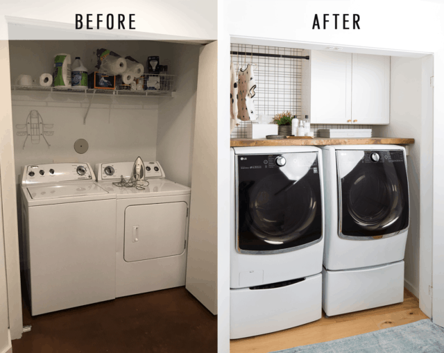 Big Reveal: Before & After of our Laundry Room Makeover + 2 Minute DIY Dryer Sheet Dispenser by top Houston lifestyle blogger Ashley Rose of Sugar & Cloth