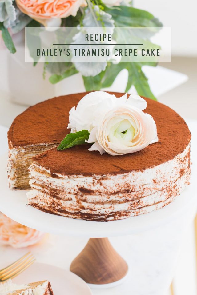 tiramisu crepe cake on a cake stand