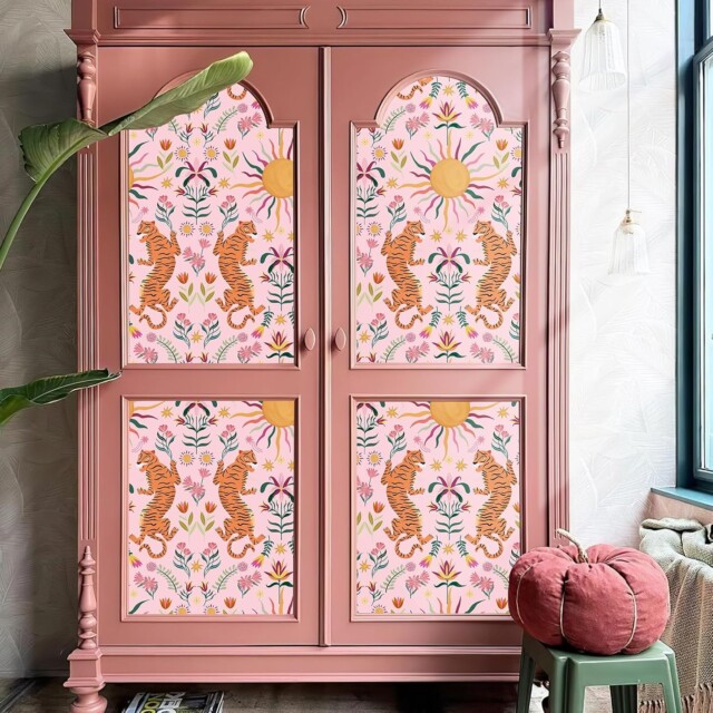 JiffDiff Pink Tiger Peel and Stick Wallpaper - Tropical Tiger Boho Removable Self Adhesive Jungle Animal Wall Paper for Bedroom, Living for quirky wallpaper