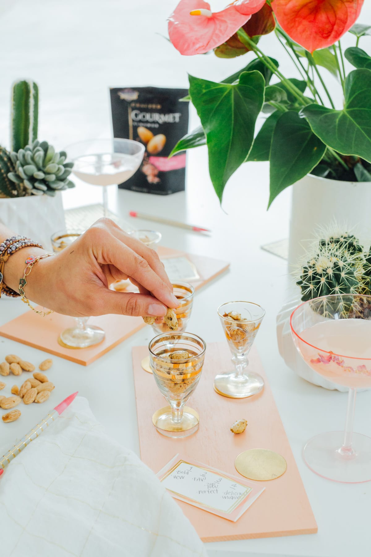 DIY Tasting Flight Boards by top Houston lifestyle blogger Ashley Rose of Sugar and Cloth #DIY #entertaining #almonds #appetizers #tastingflight