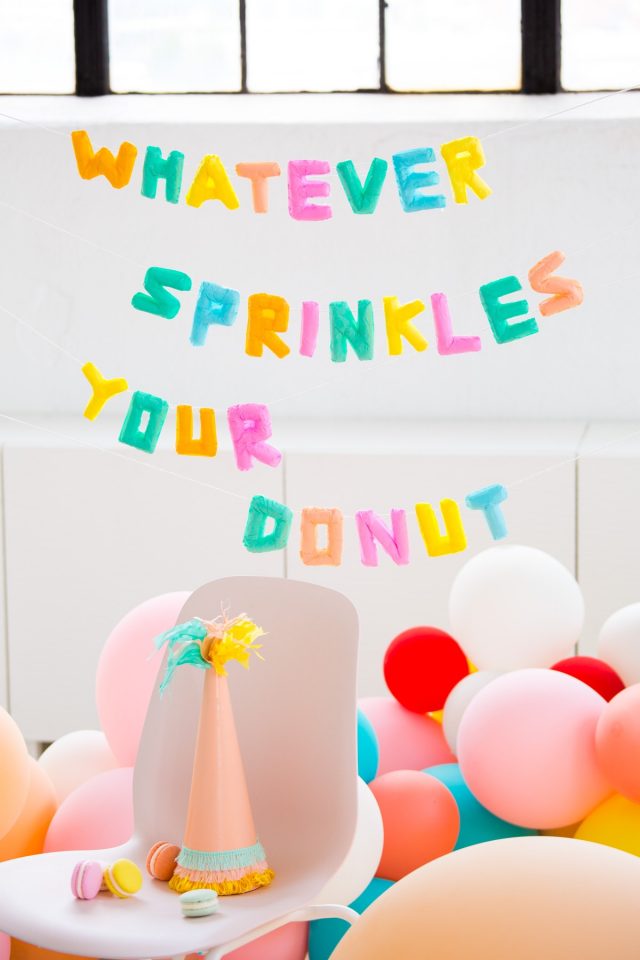 whatever sprinkles your donut close up - letter balloons that won't deflate - Faux Balloon DIY Letter Garland by Houston lifestyle blogger Ashley Rose of Sugar and Cloth #diy #balloons #balloongarland #garland #decor #party #ideas #howto