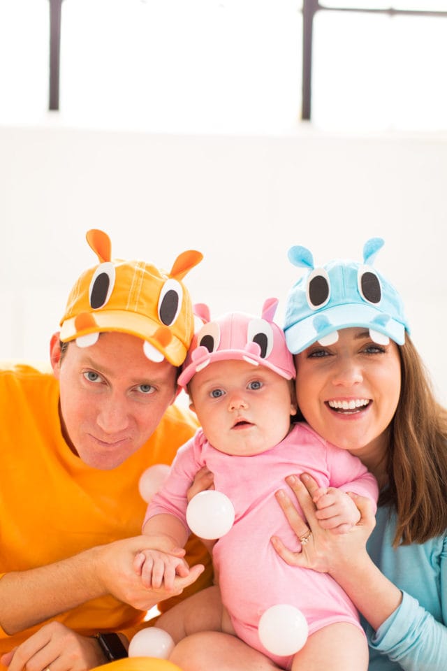 the full hippo gang! loading up the crazy amount of baby gear! Our Family DIY Hungry Hippos Costume Idea -- by Top Houston blogger Ashley Rose of Sugar and Cloth -- #costumes #halloween #ideas #family #familycostume #diy