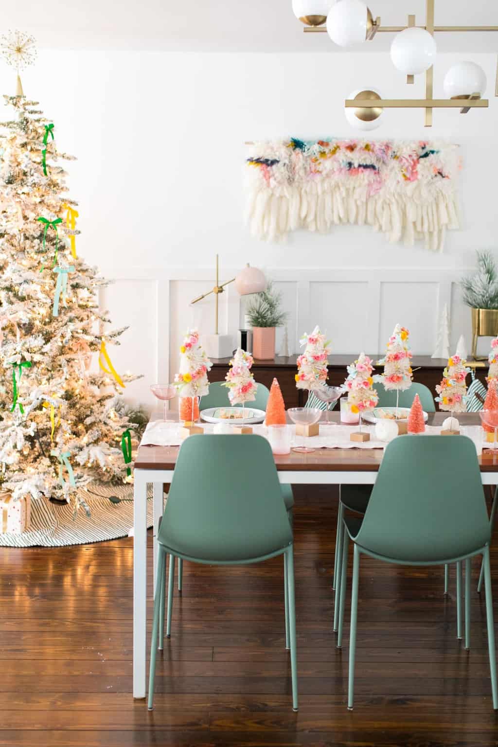 a cozy Christmas dinner table setting - Faux Flower Bottle Brush Tree DIY Christmas Centerpiece Idea by top Houston lifestyle blogger Ashley Rose of Sugar and Cloth #diy #christmas #decor #howto #craft #entertaining #centerpiece #ideas