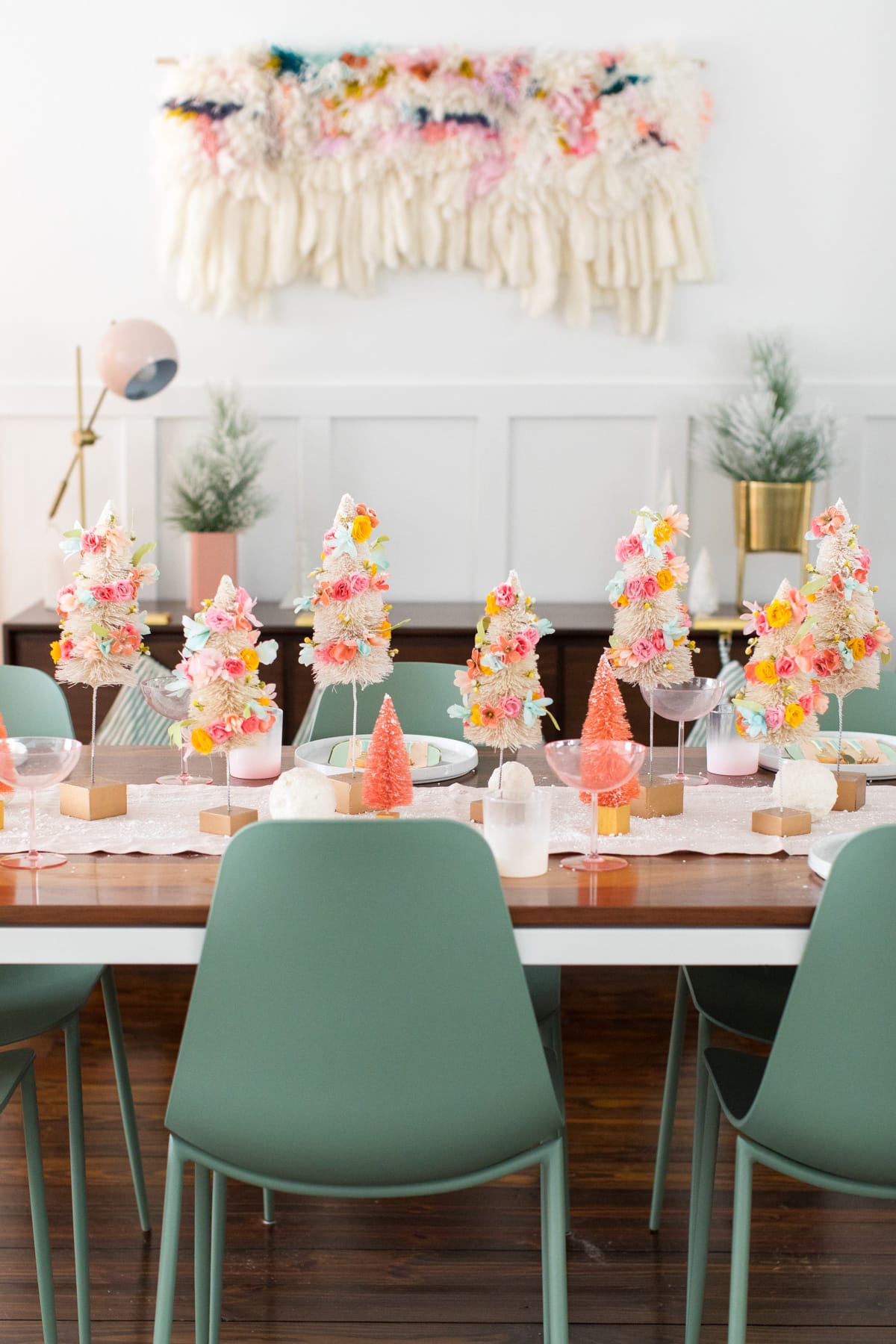 a unique christmas table runner idea - Faux Flower Bottle Brush Tree DIY Christmas Centerpiece Idea by top Houston lifestyle blogger Ashley Rose of Sugar and Cloth #diy #christmas #decor #howto #craft #entertaining #centerpiece #ideas