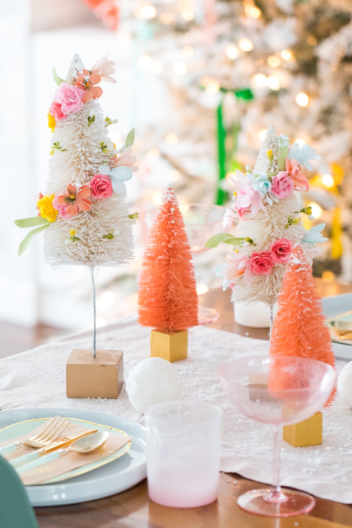 mix them with other color trees -- Faux Flower Bottle Brush Tree DIY Christmas Centerpiece Idea by top Houston lifestyle blogger Ashley Rose of Sugar and Cloth #diy #christmas #decor #howto #craft #entertaining #centerpiece #ideas