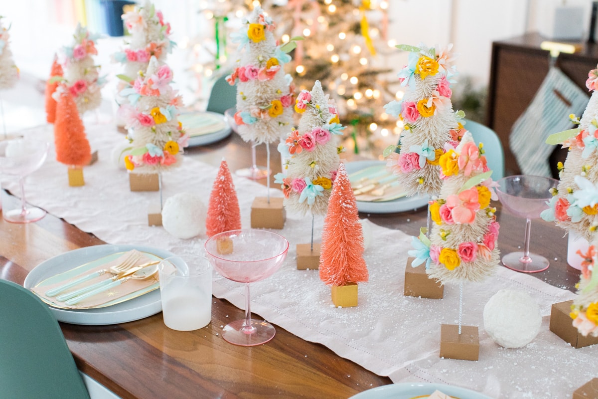 combine them with a full tablescape - Faux Flower Bottle Brush Tree DIY Christmas Centerpiece Idea by top Houston lifestyle blogger Ashley Rose of Sugar and Cloth #diy #christmas #decor #howto #craft #entertaining #centerpiece #ideas