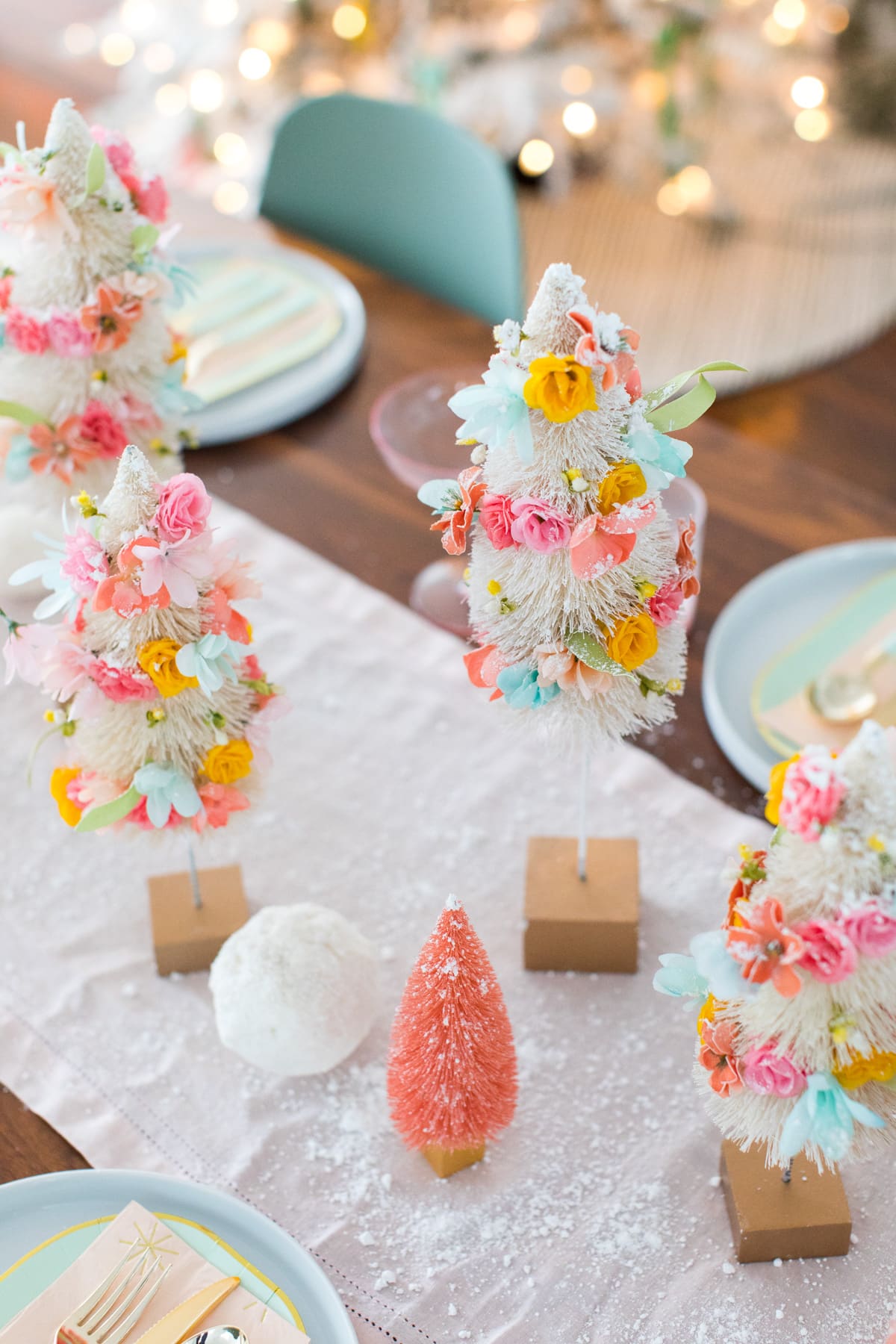 I love how they turned out! Faux Flower Bottle Brush Tree DIY Christmas Centerpiece Idea by top Houston lifestyle blogger Ashley Rose of Sugar and Cloth #diy #christmas #decor #howto #craft #entertaining #centerpiece #ideas