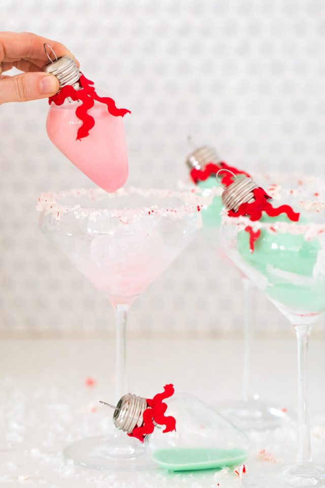 pink and mint green cocktails with rumchata - How to Make an Easy Christmas Cocktails in Ornaments by top Houston lifestyle blogger Ashley Rose of Sugar & Cloth #christmas #cocktail #easy #ideas #holidays #winter #ornament #decor #recipe
