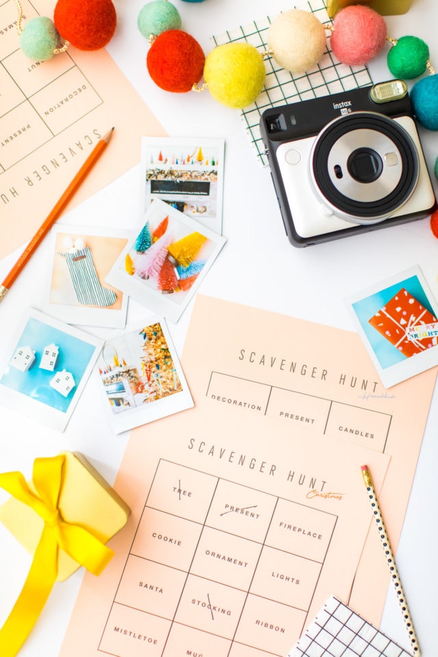 printable Christmas and Hanukkah scavenger hunt cards! it's a holiday instax party! A Party Scavenger Hunt Game Kids Activity by top Houston lifestyle blogger Ashley Rose of Sugar & Cloth #DIY #printable #game #ideas #kids #activity #holiday #christmas #scavengerhunt 