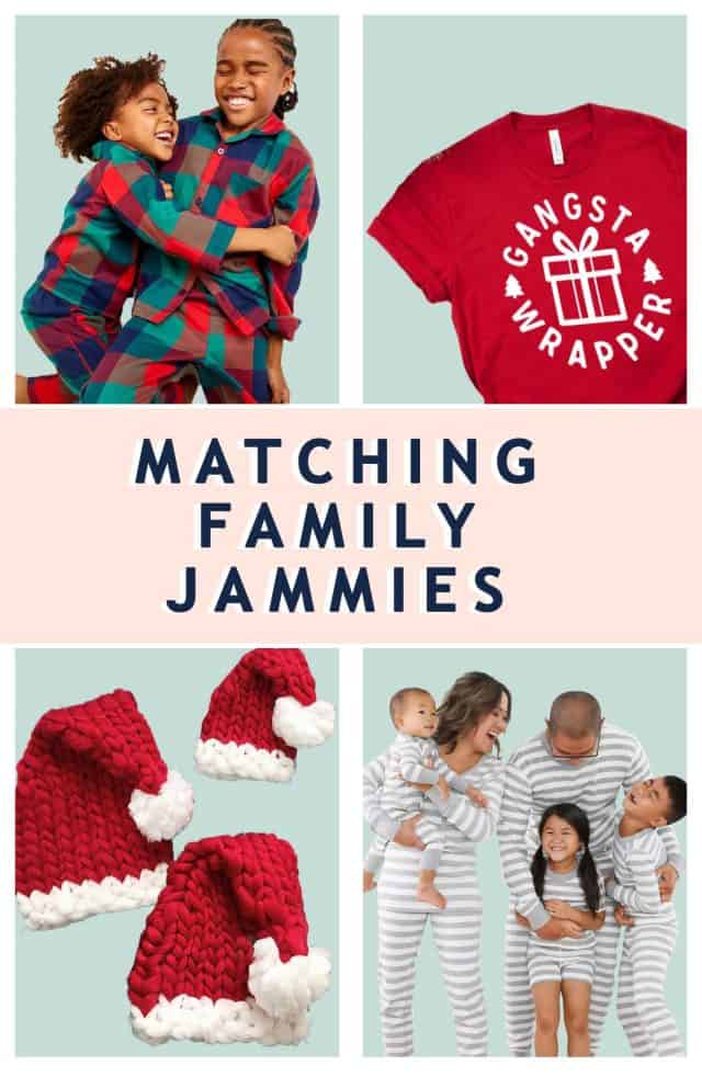 a graphic of four different matching family pajamas ideas by top Houston lifestyle blogger Ashley Rose of Sugar & Cloth