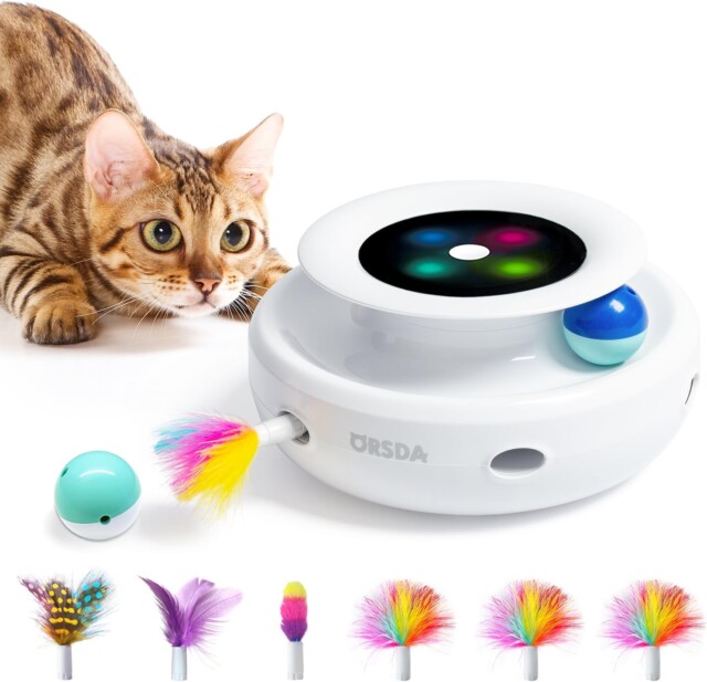 ORSDA 2in1 Interactive Toys for Indoor Cats, Timer Auto On/Off, Cat Toy Balls & Ambush Electronic Cat Mice Toy for Entertainment with 6pcs Feathers, Dual Power Supplies for pets gifts