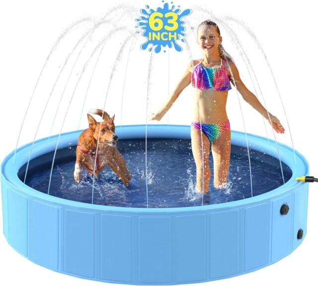 63'' Foldable Dog Pool, Sprinkler Pool for Kids, Non-Slip Dog Swimming Pool for Kids, Heavy Duty Splash Pad Pools for Large Dogs, Hard Plastic Kiddie Pool for Backyard