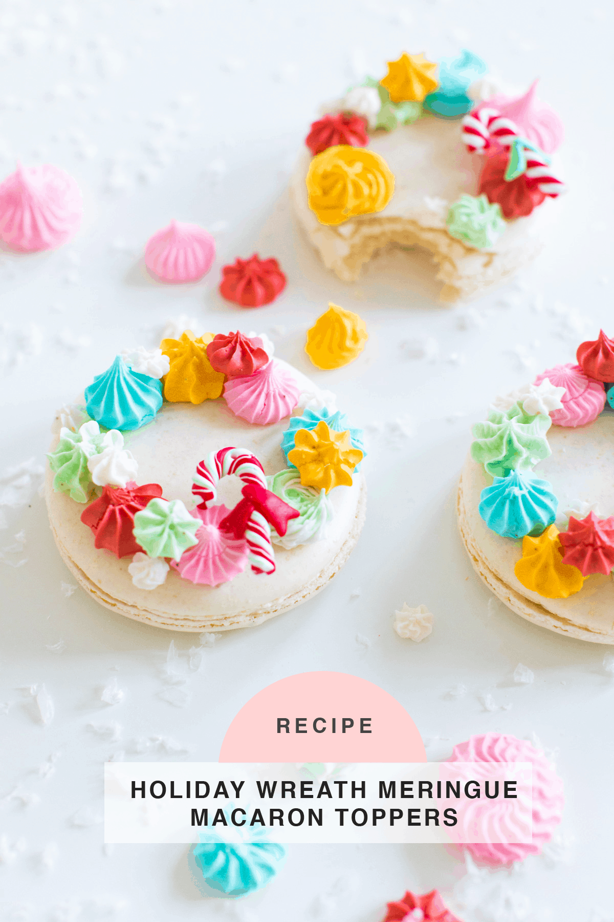 finished macarons How to Make Holiday Wreath Meringue Macarons by top Houston lifestyle blogger Ashley Rose of Sugar & Cloth #holiday #cookies #meringues #wreath #christmas #ideas