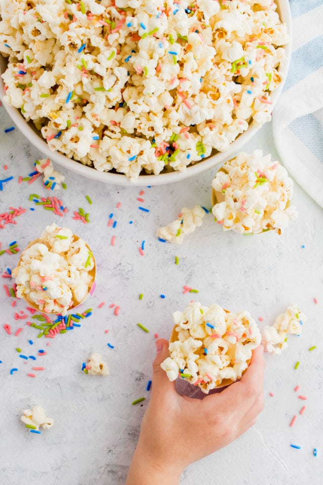 fun white chocolate funfetti popcorn by top Houston lifesyle blogger Ashley Rose of Sugar and Cloth #recipes #entertaining #idea 