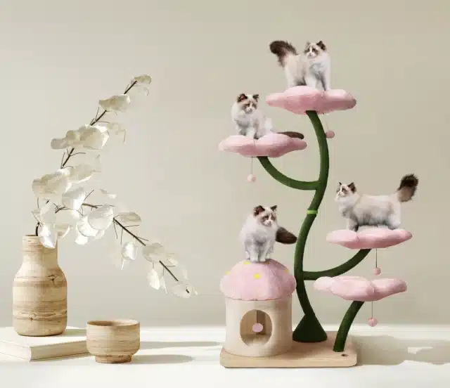 EDEN Wood Floral Cat Tree Tower, Wooden Cat Tower, Modern Cat Climbing Tree, Cat Furniture, Cat Gift, Luxury Cat Condo, Flower Cat Tree, CB for pet gifts